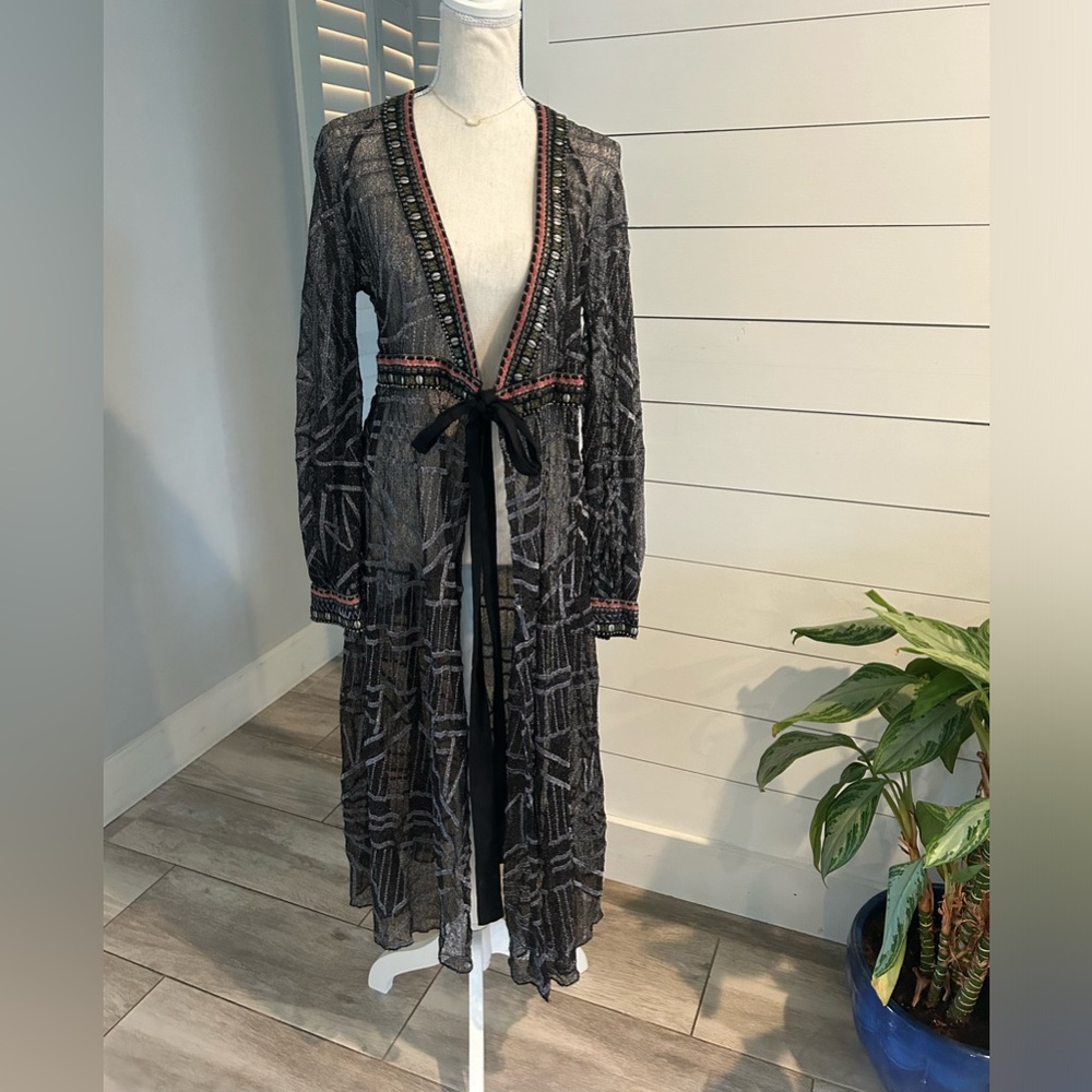 Anthropologie Blank London black beaded Duster, long sheer kimono FESTIVAL